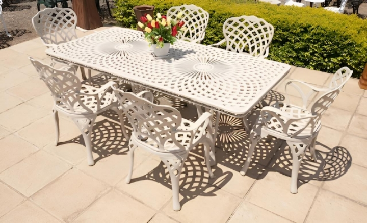 King Diamond - Six white chairs with armrests and a white rectangular table. Made by GardenFurn Africa